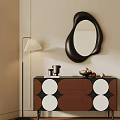 Entryway Console Table with Black Brown White Geometric Pattern Black Irregular Mirror and Floor Lamp