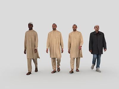 Four Men Three in Beige Robes With Sandals and One in Black Coat and Jeans 3d model