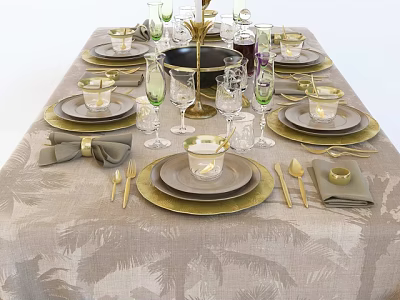 Elegant Dinnerware Set with Gold-Rimmed Plates Glassware and Gold Bow Napkins on Palm Leaf Tablecloth 3d model
