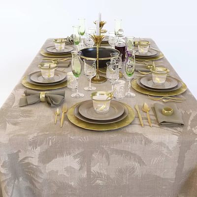 Elegant Dinnerware Set with Gold-Rimmed Plates Glassware and Gold Bow Napkins on Palm Leaf Tablecloth 3d model