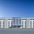 Modern Multi Story Office Building With White Blue Exterior And Large Glass Windows