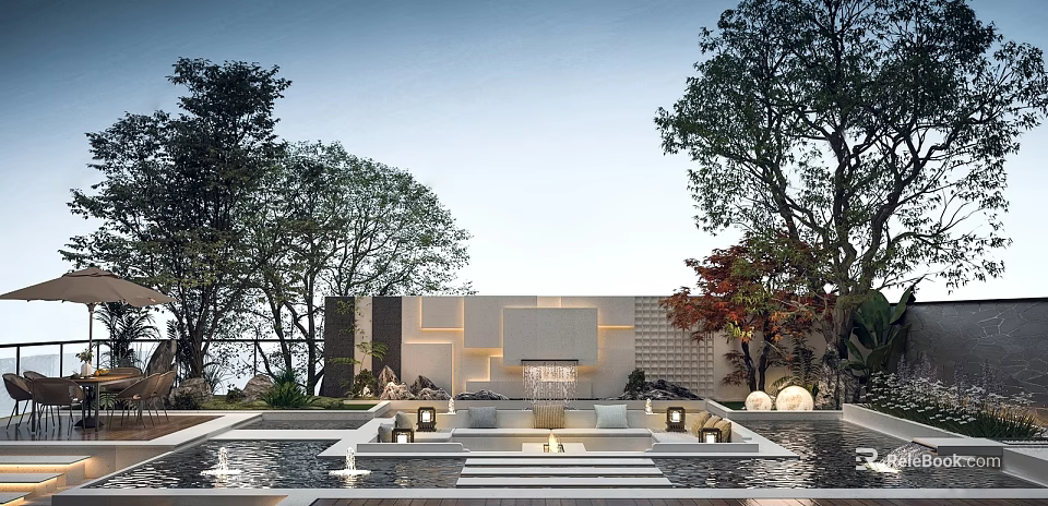 Modern Garden Landscape With Pool Steps Lighting Trees And Stone Wall 3d model 