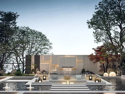 Modern Garden Landscape With Pool Steps Lighting Trees And Stone Wall 3d model