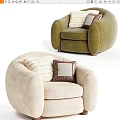 Green and Beige Single Sofa with Decorative Pillows and Rounded Design 3d model