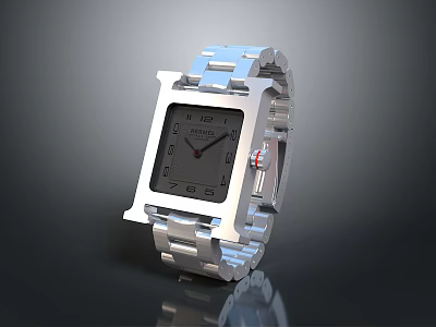 Luxury Hermes Watch With Square Dial And Silver Metal Bracelet 3d model