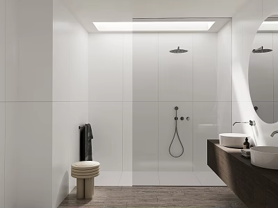 Modern Bathroom Interior With White Tiles Glass Shower And Double Sink Vanity 3d model