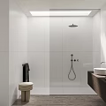 Modern Bathroom Interior With White Tiles Glass Shower And Double Sink Vanity