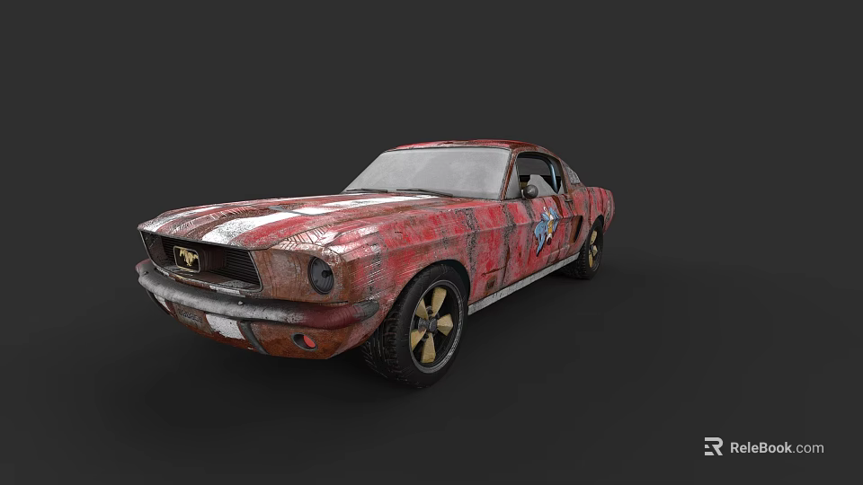 Vintage Rusty Red Sports Car With White Stripes Black Wheels And Gold Spokes 3d model 