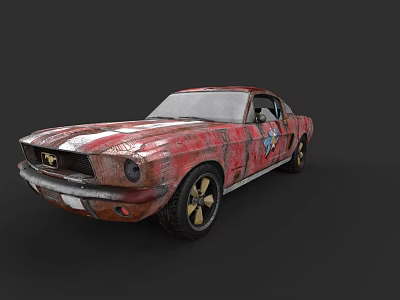 Vintage Rusty Red Sports Car With White Stripes Black Wheels And Gold Spokes 3d model