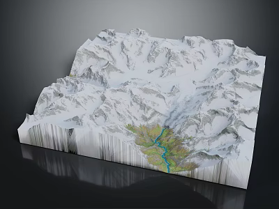 Detailed 3D Terrain Model With Snowy Mountains And Flowing River Landscape 3d model