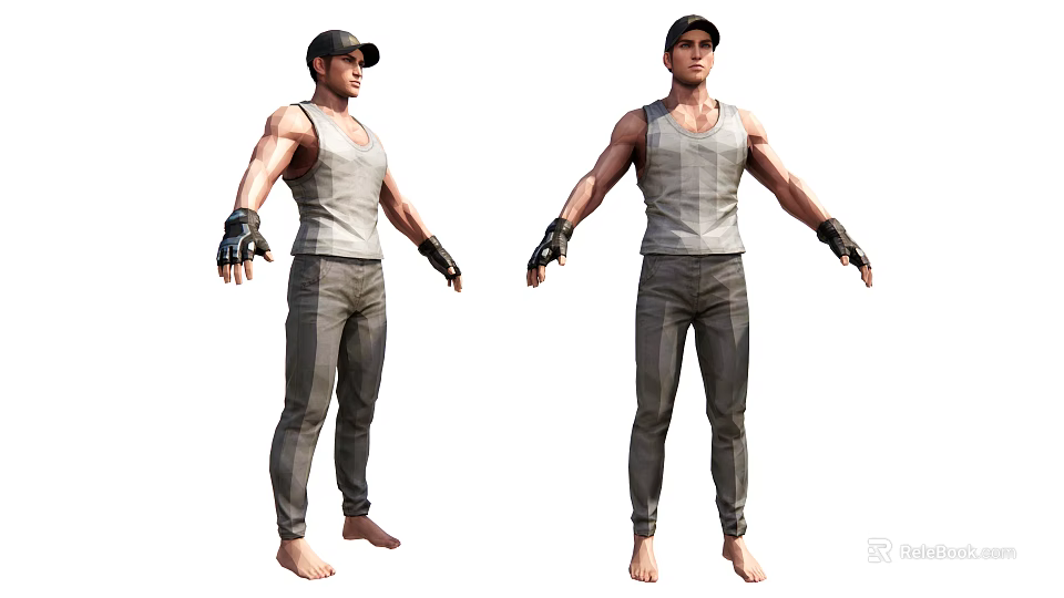 Man Wearing Gray Tank Top and Pants with Black Gloves Cap Standing Barefoot 3d model 
