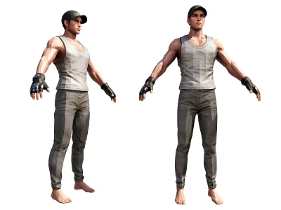 Man Wearing Gray Tank Top and Pants with Black Gloves Cap Standing Barefoot 3d model