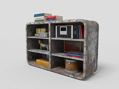 Vintage Entryway Side Cabinet with Multiple Shelves Books Decorative Horse Wooden Box And Metal Bucket 3d model
