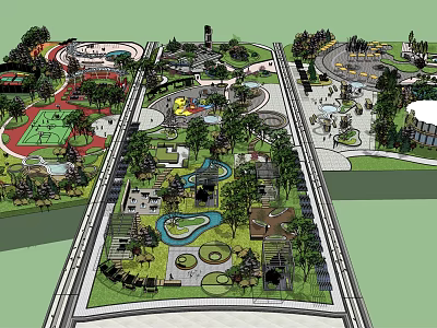 Public Park Layout Design With Green Spaces Playgrounds Trees And Water Features 3d model