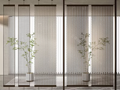 Modern Metal Room Divider With Mesh Design And Green Plants In Interior Decor 3d model