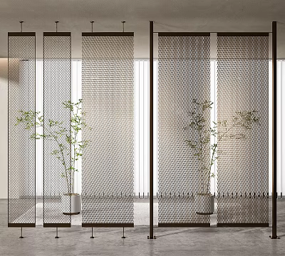 Modern Metal Room Divider With Mesh Design And Green Plants In Interior Decor 3d model