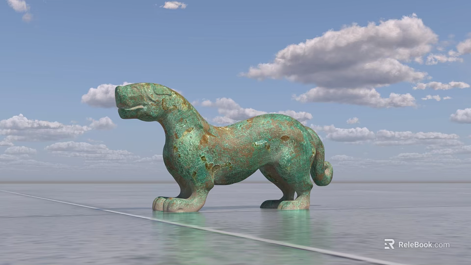 Detailed Green Patina Bronze Tiger Sculpture Standing In Open Outdoor Space 3d model 