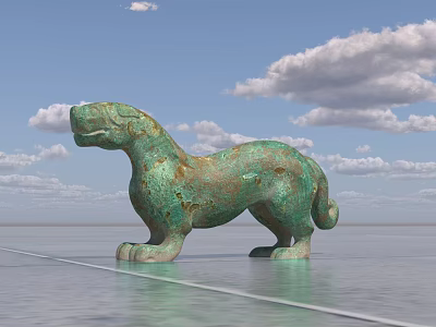 Detailed Green Patina Bronze Tiger Sculpture Standing In Open Outdoor Space 3d model