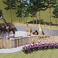 Scenic Park Landscape Featuring Giraffe Statues Animal Models Wooden Fence Trees and Children Playing