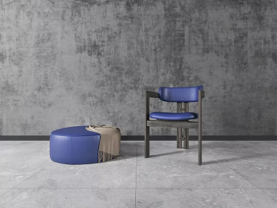 Blue Accent Chair with Ottoman and Blanket against Gray Wall on Gray Tile Floor 3d model