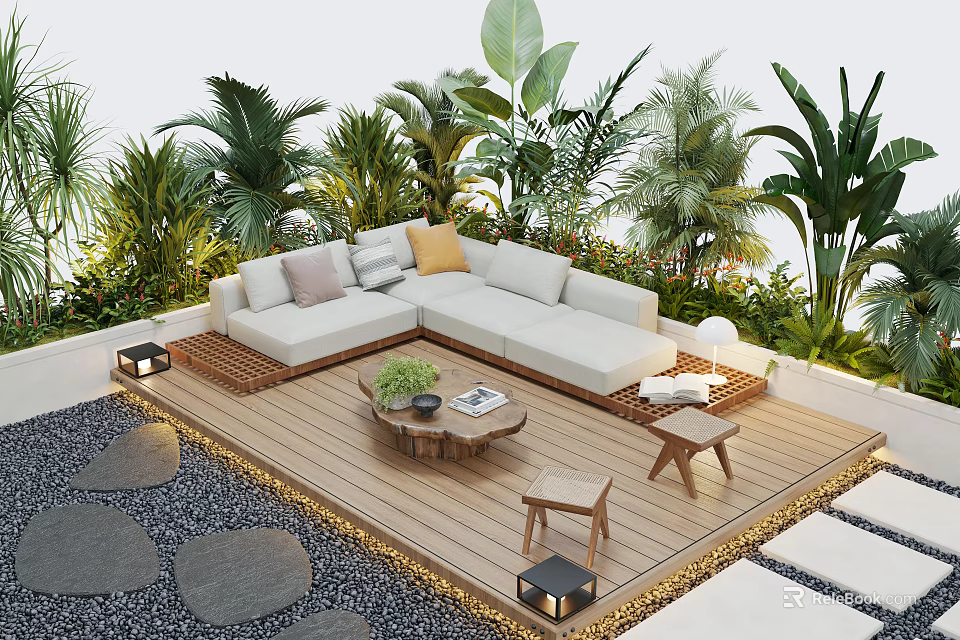 Tropical Patio Garden Design With Wooden Deck L Shaped White Sofa And Coffee Table 3d model 