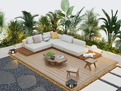 Tropical Patio Garden Design With Wooden Deck L Shaped White Sofa And Coffee Table 3d model