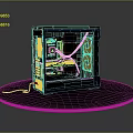 Black Computer Case With Transparent Side Panel And Pink LED Lighting Fans On Display Stand