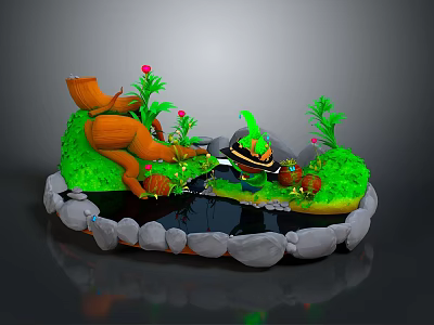 Decorative Garden Scene With Green Grass Stone Border Small Pool Orange Trunk And Red Flowers 3d model