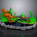 Decorative Garden Scene With Green Grass Stone Border Small Pool Orange Trunk And Red Flowers