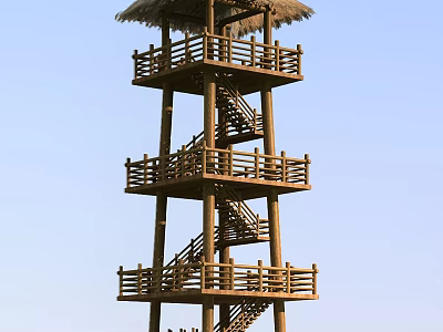 Traditional Wooden Tower With Multiple Levels Staircases Railings And Thatched Roof 3d model