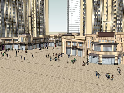 Bustling Commercial Street With Tall Buildings Shops And Pedestrians In Plaza 3d model