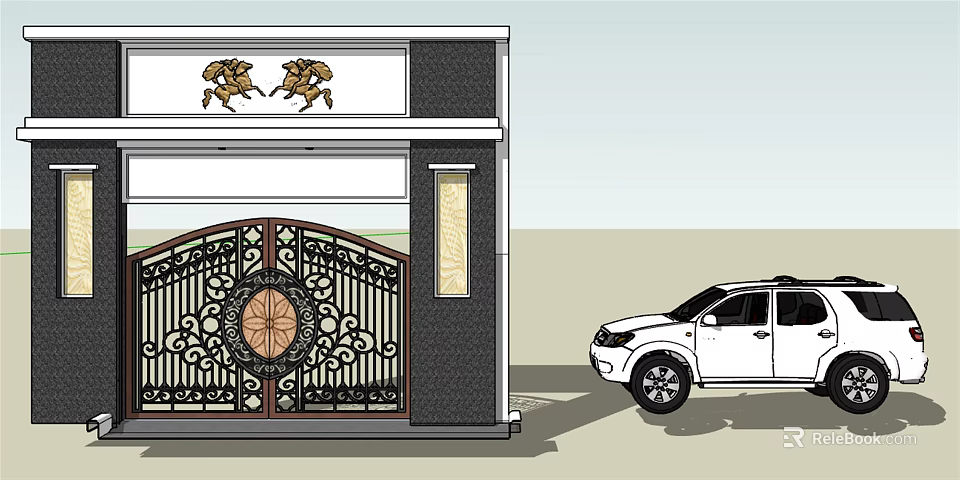 Ornate Wrought Iron Entrance Gate With Intricate Patterns Circular Ornament And Golden Statues Nearby Vehicle 3d model 