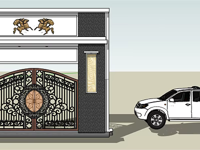 Ornate Wrought Iron Entrance Gate With Intricate Patterns Circular Ornament And Golden Statues Nearby Vehicle 3d model