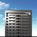 Modern High Rise Residential Building with Balconies Light Facade Against Blue Sky and Green Foliage