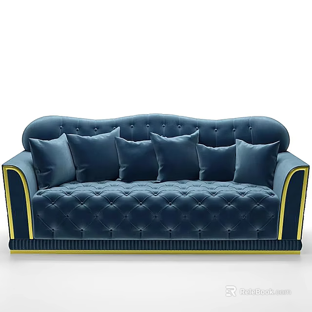 Luxurious Blue Velvet Large Sofa With Multiple Pillows And Gold Trim Tufted Design 3d model