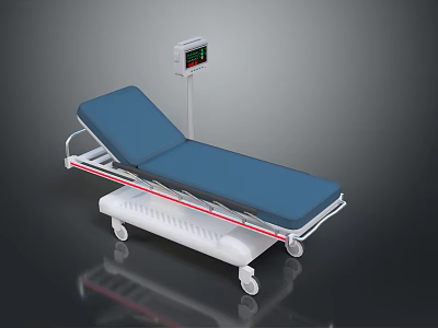 Medical Examination Bed With Blue Mattress White Frame And Digital Display On Wheels 3d model