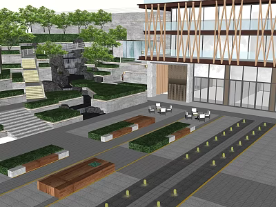 Commercial Street With Modern Architecture Greenery Outdoor Seating And Landscaped Design 3d model