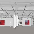 Art Exhibition Hall Interior With White Partitions Colorful Artworks On Walls And Visitors Viewing Exhibits