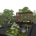 Serene Courtyard Garden With Wooden Pergola Pine Trees Stones Wooden Deck Sofa And Lighting