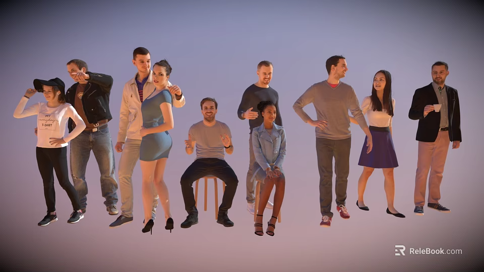 Group of Diverse People in Various Poses Wearing Different Casual Outfits 3d model 