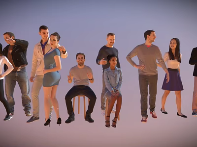 Group of Diverse People in Various Poses Wearing Different Casual Outfits 3d model