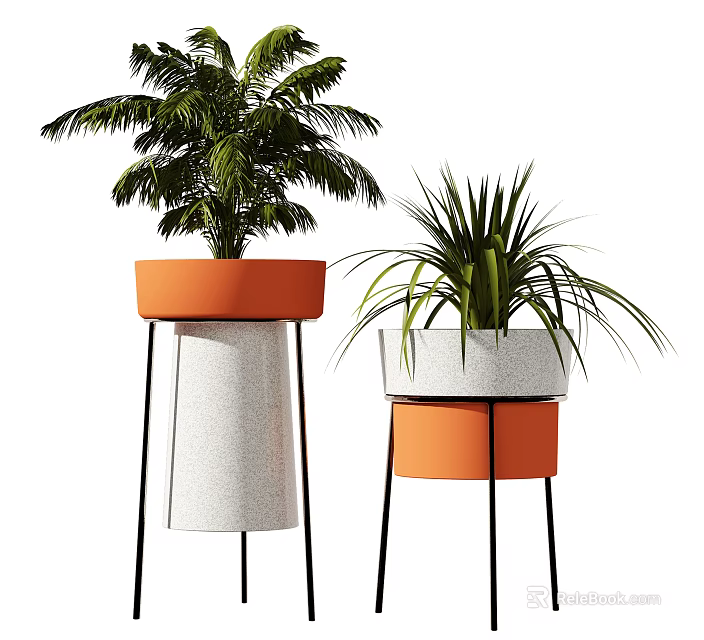 Potted Bonsai Plants with Orange and White Pots on Black Stands for Home Decor 3d model 
