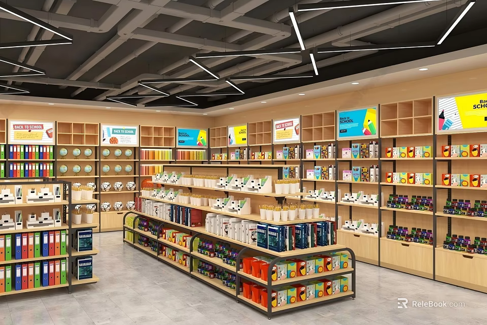 Modern Bright Department Store Interior With Tidy Shelves Full Of Various Daily Consumer Goods 3d model 