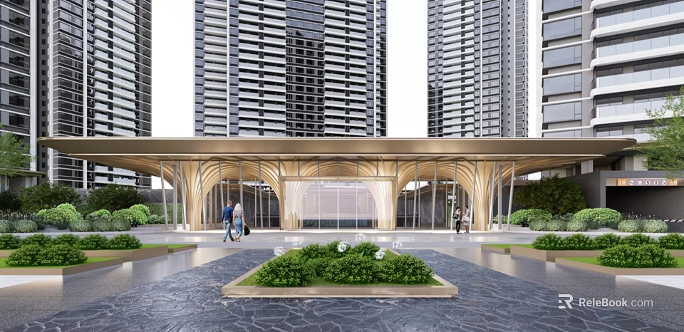 Modern Sales Office Building With Arched Structure Glass Facade And High Rise Buildings 3d model 