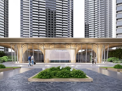 Modern Sales Office Building With Arched Structure Glass Facade And High Rise Buildings 3d model