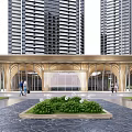 Modern Sales Office Building With Arched Structure Glass Facade And High Rise Buildings