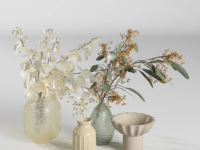 Decorative Vases With Dried Eucalyptus And Yellow Flowers For Home Decor 3d model