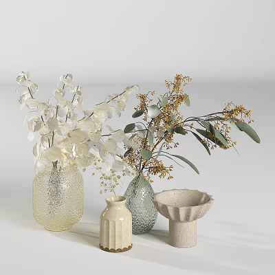 Decorative Vases With Dried Eucalyptus And Yellow Flowers For Home Decor 3d model