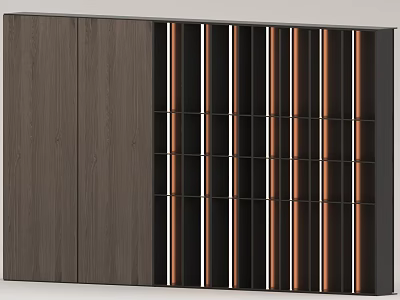 Elegant Modern Wooden Feature Wall with Grid Design and Warm Strip Lighting 3d model