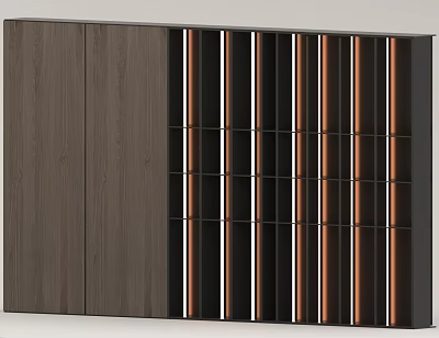 Elegant Modern Wooden Feature Wall with Grid Design and Warm Strip Lighting 3d model